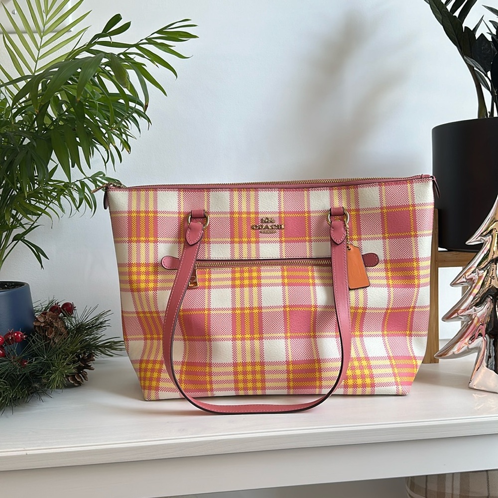 Gallery Tote with Garden Plaid Print - Coach Plaid Tote
